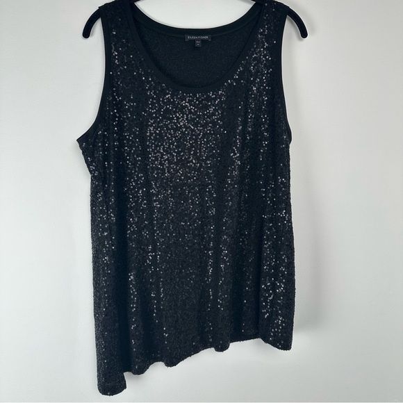 Eileen Fisher Sleeveless Top Size Medium Black Silk Sequin Asymmetrical Party - Picture 1 of 6